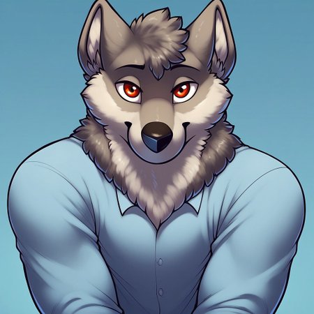 score_9, score_8_up, score_7_up, Expressiveh, masterpiece, best quality, highly detailed, realistic, (zPDXL3), 1boy, solo, (RichardJH, furry, anthro, canine, wolf, grey body, grey fur, black nose, red eyes, arms down), upper body, blue shirt, clothed, (blue background, simple background), closed mouth, looking at viewer, smile