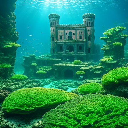 **amazing digital artwork** depicting an underwater fantasy landscape where sharks is chasing fish swarm crowded underwater castle life Coral's under plants with long leaves entrance to secret garden, tiny fishes  shadow of warrior. The scene unfolds in a dreamlike realm, where the **ruins of ancient civilization** emerge from the depths. This ancient underwater civilization is captured in stunning detail, with **coral-covered columns** and **stone arches** that hint at its former glory. The artwork should convey a sense of mystery and timelessness, inviting the viewer to explore the **sunken secrets** of this once-majestic city."
This picture is designed to inspire the creation of a captivating and immersive underwater scene, rich with the lore of Atlantis. dark, chiaroscuro, low-key, catastrophe, ruined, collapsed, flooded