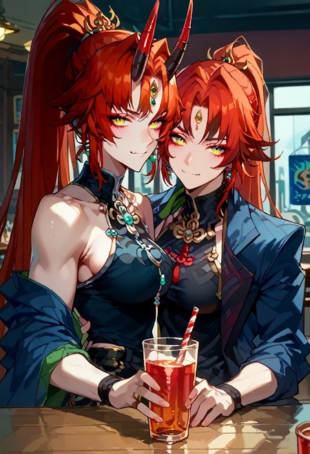 score_9, score_8_up, score_7_up, score_6_up, score_5_up, red hair, streaked hair, golden eyes, long hair ponytail,  necklace, breasts, looking at viewer, ponytail, large breasts, oni, demon queen, demon lord, black demon tail, happy, friendly, very muscular, short hairs, bodybuilder, red and black horns, spiky horns,  negative_hand, blue jacket, short pants, necklace, tank top, sandals, (drinking green soda using a straw at restaurant), (put a glass in her hand),  (symmetrical composition:1.3), (drink non elegantly, bad posture),(sitting by the window), (hold the glass vertically:1.3), (drink with a straw), (blush cheeks:0.8), (shallow DoF:1.35), (front of face), feet on table