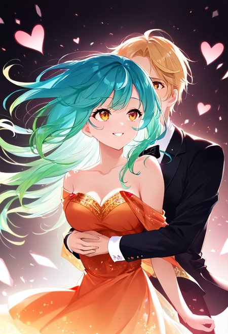 (masterpiece), (score_9, score_8_up, score_7_up,source_anime), 4K8K, best quality, high res image, illustration, (Uncorrected), CG, 
(floating Heart-Shaped crystals:1.4), backlighting, 
Romantic dance, Elegant movements, Mutual harmony,  Dynamic, active, 
(girl and boy dancing waltz, face to face, holding dance each other:1.2), (medium breasts), smile, chin up, looking up. leg lift, Extend leg, (hugging from behind:1.4), 
(gradient hair, multicolored hair, white hair, aqua hair), (amber eyes, detailed eyes),  
(girl wearing orange dress, stockings, seethrough long shawl), 
(boy wearing tuxedo, blond hair:1.2), 
(in ballroom, rainbow baclround, rainbow backlighting1.2),