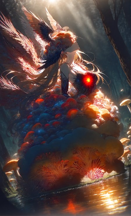 masterpiece, sharp detail, intricate detail, 1girl, solo, (hair shader:0.3), (rella, konya karasue), floating hair,  from side, myceliumt dark blonde, blouse, collarbone, feather hair, (head wing, (head wings) covering eyes:1.4), long hair, (massive wings, multiple wings, gradient feather, glowing wings,) pale skin, night sky, medium breasts, long skirt, glowing red inner skirt, bridal gauntlets, dynamic angle, extreme arched back, facing up, toeless legwear, dynamic pose, dynamic angle, chromatic aberration, motion blur, lens flare, light rays, afloat, lake, forest, evening, sunset, from side, light and shadow contrast, chiaroscuro, volumetric lighting, dappled light, dramatic shadows, cinematic lighting, detailed background, <lora:MyceliumT-000014:1.5> myceliumt, mushrooms theme,