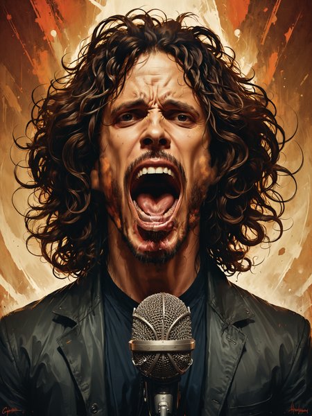 Caricature of   portrait of Chris Cornell screaming into a microphone mouth opened, exaggerated, comical, caricature magical realism, intricate, headshot, highly detailed, digital painting, artstation, concept art, sharp focus, cinematic lighting, illustration, art by Artgerm and Greg Rutkowski, Alphonse Mucha, cgsociety <lora:Misty_Vintage:0.5> <lora:xl_more_art-full_v1:0.5> <lora:mouth_opened:1>