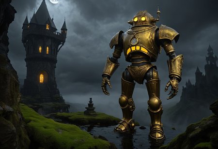 giant bipedal robot brass and mustard yellow
 striped paint, bronze paisley robot. lacy robot metal. diving helmet torso head. outside of a steampunk keep. large detailed torso. dark image. one forty foot tall ancient robot with great arms and two heavy spring legs. dark foggy night background. $dark foggy night image only. dark photo realistic image. steampunk details. cogs, chains and pipes incorporated in the fantasy buildings. magic wizards tower in background. Dark swamp, moss, castle ruins, wizards tower. stormy dark night. stormy sky. rain. bowl head.