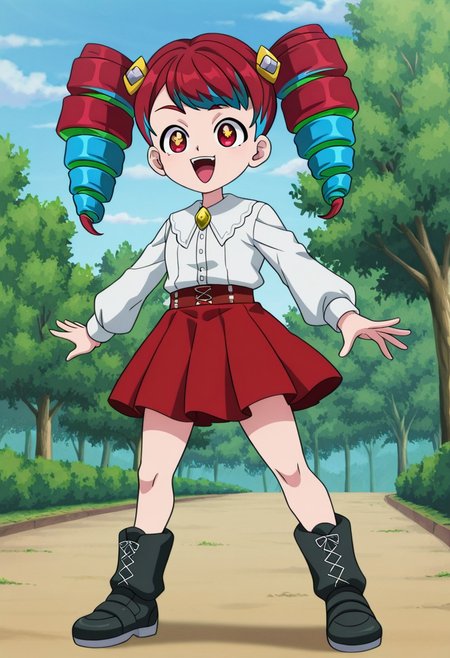 zPDXLx, mur4k4mi-ip,anime screencap,anime art style,beyblade series, beyblade x, karura konjiki, chibi, 1girl, solo drill hair, multicolored hair,tree-tone hair, red hair, blue hair, green hair, red eyes, twintails, twin drills,hair ornament, shirt,white shirt,long sleeves, parody,skirt,red skirt,open mouth, smile, sky, symbol-shaped pupils, Stylized art style