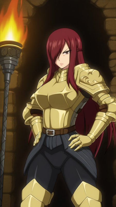 masterpiece, best quality, very aesthetic, absurdres, BREAK, 1girl, looking at viewer, cowboy shot, 
<lora:Piercing_Erza_Illu_Dwnsty:1>, erz_piercing, brown eyes, red hair, long hair, hair over one eye, gauntlets, french braid, breastplate, brass gold armor, shoulder armor, pauldrons, gloves, greaves, armored boots, black faulds, 
 large breasts, lips, serious, hands on own hips, 
indoors, dungeon, cave, torch, dark theme,