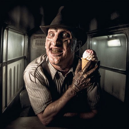 Horror-themed a man with a hat is a icecream-man in an icecreamtruck, smile <lora:FreddyKrueger1024:0.8> . Eerie, unsettling, dark, spooky, suspenseful, grim, highly detailed