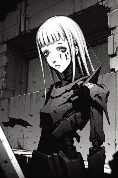 <lora:blame5:1>, 1girl, (cyborg:0.6), (upper body:1.2), battle scene, sword, debris, (best quality, highly detailed face:1.3), decrepit scenery