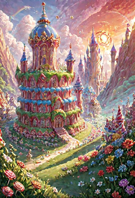 Candy Land,matchcraft floating island,((castle)),ruanyi0956, labyrinth, ((labyrinths)),labyrinth multicolor, grass,flower field,lalangheej, flores rainbow, flowers multicolor, rainbow ,outdoors,sunset,score_9,score_8_up