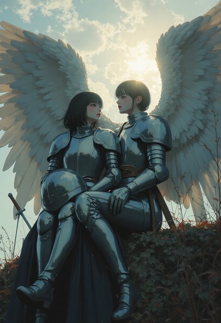 score_9, score_8_up, score_7_up, score_6_up, _Style, masterpiece, high quality, extremely detailed, detailed background, perfect fingers, perfect face, angel girl, duo, perfect face, sun breaking through the clouds, battlefield background, outside, gloomy sky, seated on cliff, swords in the ground, darkness, very beautiful girl, knight boots, very short hair, knight, solo, angel, holding helmet, armor, silver armor, fully covered in armor, solemn, stoic, shining armor, angel wings, wings wrapped around, framed by feathers, realistic, helmet, no face, window lighting<lora:Midjourney_Whisper_Minimal:1>,