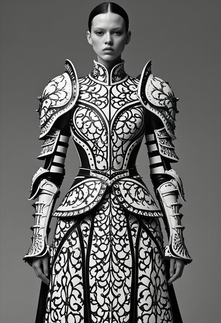 Monochrome <lora:Alexander McQueen-concept art-000005:1>, alexander mcqueen, concept art, armor dress . Black and white, contrast, tone, texture, detailed