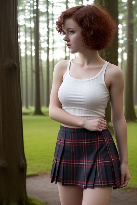 young woman with short curly red hair. dressed in a short tartan skirt and a white cotton tank top.  standing in a dark wood library