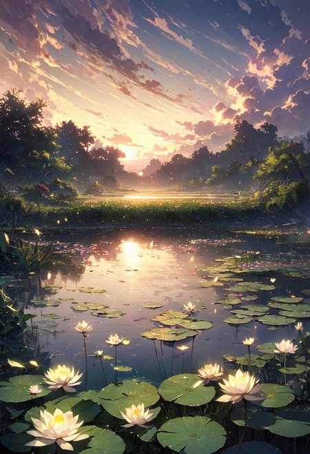 detailed background,( Calm spring night landscape), amongst lush greenery, beautiful view, Water lilies in full bloom, Water lilies, Unexplored, early morning, sunrise sky, beautiful clouds, dappled sunlight, beautiful, Tranquil Lake, Walkway, petals dancing in the wind, depth of field, masterpiece, best quality, ultra-detailed, very aesthetic, illustration, perfect composition, intricate details, absurdres, moody lighting, wisps of light, no humans,