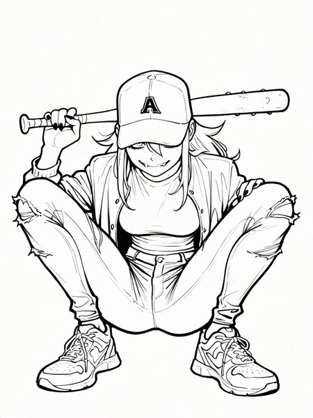 masterpiece, best quality, amazing quality, very aesthetic, high resolution, line art, four fingers and a thumb,
timbrook, 1girl, vampire fangs monochrome, greyscale, solo, long hair, torn clothes, baseball bat, baseball cap, jacket, shoes, pants, holding, sneakers, breasts, torn pants, looking at viewer, simple background, shirt, hand up, squatting,
<lora:joshua_timbrook_style_v1_illustrious_epoch_7:0.9>,
<lora:NOOB_EPSv1_1_detailer_by_vlnvk_v1_0:1>,