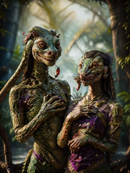 a romantic couple,<lora:wereanimal:0.8>,lizard werecreature,komodo,laugh512,snake tongue,<lora:ARWJavaWeddingWoman:0.6>,portrait of java wedding woman in a purple long kebaya traditional,beautiful javanese tree bathtub,<lora:cyber:0.3>,futuristic,<lora:NatureStyle_530620:0.2>,naturestyle,<lora:FantasyForest:0.4>,FanFo,photo \(object\),bokeh,