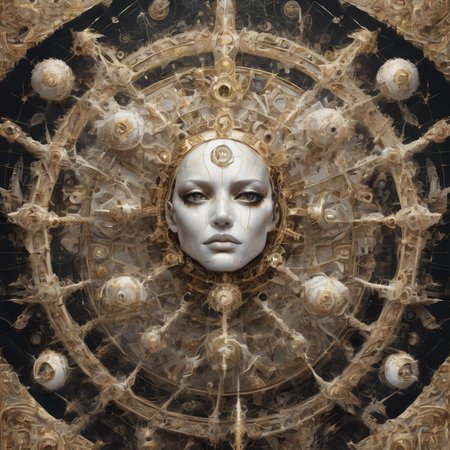be not afraid, unearthly being, geometric shapes, multitude of eyes, wheel, segmented, white, gold, elaborate, ornate, unsettling, hovering, flying, towering above, biblepunk, extremely detailed, insane level of detail, absurdres