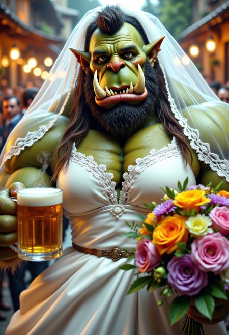 A close-up of a muscular male orc with green skin, sharp tusks, and a rugged expression, wearing a pristine white wedding dress. The dress is elegant and modest, with intricate lace details and a high neckline to keep it PG. A delicate bridal veil rests atop his head, framing his face and cascading down his broad shoulders. In one hand, he holds a frothy mug of ale, and in the other, a lush bouquet of flowers, their vibrant colors contrasting with his fierce appearance.
The orc’s expression is a mix of confidence and slight awkwardness, as if he’s fully committed to the moment but still getting used to the frilly attire. The background is softly blurred, with hints of a lively outdoor celebration—perhaps a rustic wedding reception—adding a touch of warmth and charm to the scene