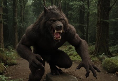 score 9, score 8, score 7, score 6, 1boy, furry male, solo, black fur, animal ears, yellow eyes, sharp teeth, claws, werewolf on down on all paws with tail in the air, (wagging tail, trying to look friendly), forest