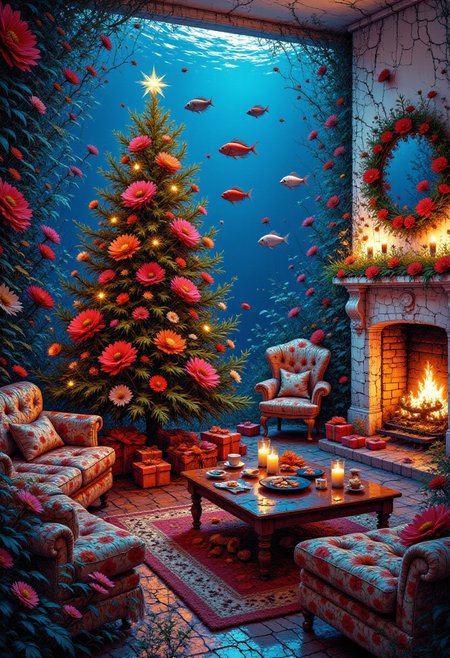 A Christmas living room lit by the radiant glow of bioluminescent corals arranged like a Christmas tree, with tropical fish swimming through the air as if it were underwater, the walls covered in glowing reef-like textures, and presents wrapped in seashell-themed patterns.