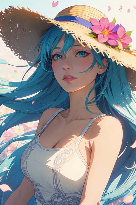 anime illustration, complex background, floating flower petals, serene adult woman, long flowing hair, expressive face, white sundress, straw hat with flowers, detailed hands, soft lighting, intricate design, by Hayao Miyazaki, vibrant colors, glowing light, high detail, fine textures, ethereal atmosphere, high resolution, dynamic composition, accurate proportions, realistic anatomy, detailed textures
 <lora:shady:0.5>