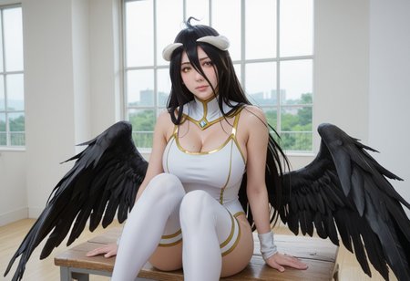 score_9,score_8_up,score_7_up, shiny oild skin,  sweat, looking at viewer, albedo, 
1girl, 20 years old, full bodysuit,  gym big window, sitting knee up, upper body, low wings, black hair, hair between eyes, long hair, black wings, yellow eyes, white horns, huge breasts, bare hips, big hips
<lora:Cinematic_Composition_3:0.9>