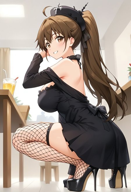 score_9, score_8_up, score_7_up, score_6_up, score_5_up, score_4_up, epic-Ultra-HD-details, epic-Ultra-HD-highlights, 2.5D-upscaled-resolution, source_anime, digital-quality, semi-realism, physically-realistic, lit, cutesie,
afrobullstyle, 
BREAK source_anime, anime, best quality, masterpiece, rating_safe, uncensored, High quality, 8k, Ultra, 
BREAK (Restaurant, indoors),
BREAK  1girl, taneshima popura,ponytail,brown hair,ahoge,thick thighs,
A black gothic dress with black flower-like hat, fishnets, black platform high heels, cross necklace.
BREAK ((cowboy shot)),(squatting),(from below),(((from side))),
busty breasts,(large breasts:1.2), 
looking at viewer,hand in own hair,Blush, smile,,