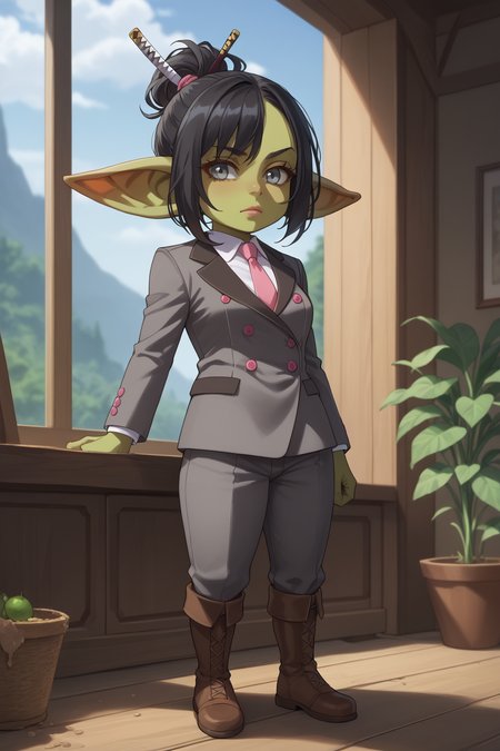 score_9, score_8_up, score_7_up, score_6_up, score_5_up, score_4_up, masterpiece, high quality, BREAK, full body, BREAK, 1girl,  <lora:Wendy Sato:0.8> Black hair, grey eyes, large breasts, grey suit, pink necktie, gauntlets, katana, <lora:GoblinGirl_Concept:1> GobGirl, green skin, short, long ears, large ears, colored skin, monster_girl 1girl, pointy ears, goblin, shortstack, long pointy ears,
