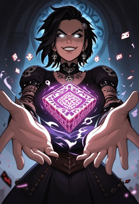 mysterious female gambler, punk mystic vibe, glowing eyes, smirking confidently, throwing glowing dice toward the viewer, enchanted playing cards, extreme foreshortening, dynamic action pose, angle from below, worm's-eye view, cinematic fantasy scene, dice in foreground appearing massive, sleek dark clothing with arcane glowing patterns, waist-up view, hand reaching toward the camera, glowing tattoos, energetic motion, dark magical saloon or ancient temple setting, mystical lighting, high detail, dramatic depth of field, visual intensity, bold composition, dark fantasy style, ultra sharp focus on eyes and dice,
