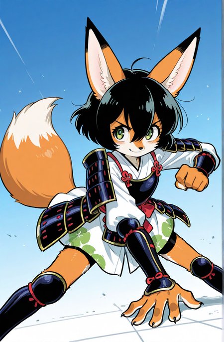 (anthro fox girl:1.5),black hair,green eyes,dynamic pose, perspective
hair between eyes,zPDXL3,solo, japanese armor, light smile
<lora:Perfect Hands:1> <lora:age_slider_v4:-1>
<lora:Tezuka_Osamu:0.9>tezuka osamu, score_9, score_8_up, score_7_up, score_6_up, score_5_up, score_4_up,zPDXL