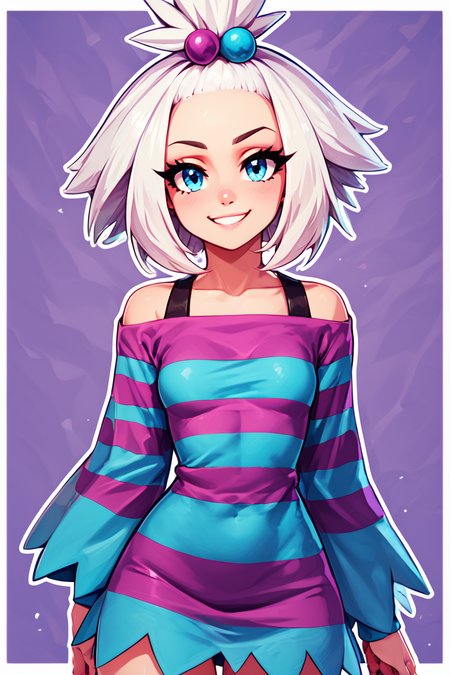 score_9, score_8_up, score_8, medium breasts, (curvy), cute, eyelashes,       BREAK, , zzRoxie, blue eyes, white hair, hair bobbles, topknot, striped dress, <lora:Roxie_Pokemon_PDXL_Citron:0.8>, , BREAK, smile, looking at viewer,  abstract background, white outline, cowboy shot, embedding:zPDXL, Expressiveh, <lora:CatalystStylePDXL:0.6>,  <lora:SDXLFaeTastic2400:0.5>,  <lora:Expressive_H-000001:0.4>,