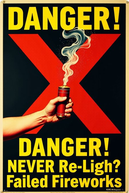 A stark, graphic vintage safety poster in shades of red, yellow, and black. It shows a hand reaching out to pick up a smoking, unexploded firework. A large, bold red "X" is superimposed over the firework. Below, in clear, blocky yellow letters: "DANGER! NEVER Re-light Failed Fireworks." Emphasize the immediate danger and the clear warning message.  <lora:REMEs_War_Poster_Style:0.95> In REME's War Poster Style,âââ