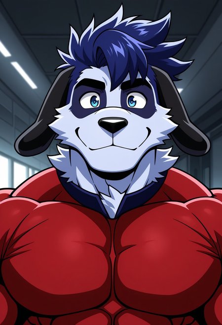 <lora:MegamuttV4:0.9>, megamutt, solo, dog boy, blue fur, blue eyes, muscular, bara, athletic build, smile, face focus, portrait, red bodysuit, letter M, black speedo, belt, BREAK masterpiece, best quality, amazing quality, very aesthetic, high resolution, 4K, extremely-detailed, depth of field, separate focus, newest, scenery, detailed fur, detailed muscles, cinematic lighting