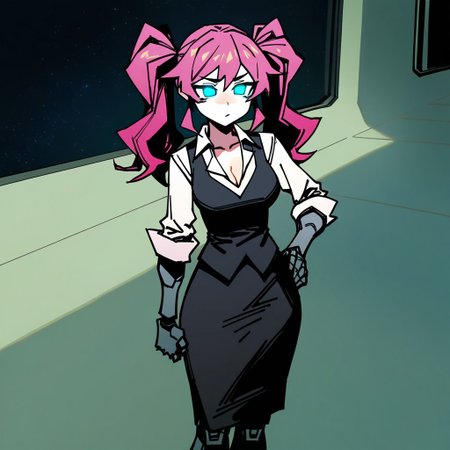 artist:ciloranko,artist:modare,artist:diyokama, best quality, amazing quality, very aesthetic, absurdres, best quality, masterpiece, newest, 1girl, twin ponytails, mauve hair, blue eyes, glowing eyes, mechanical arms, mechanical legs, prosthetic limbs, waistcoat, cleavage, medium breasts, medium skirt, far shot, wideshot, futuristic space station hallway,