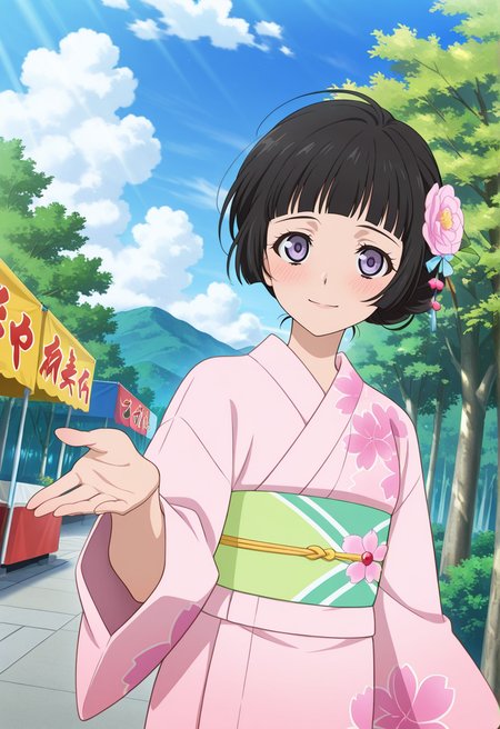 festival, blush, embarrassed, light smile, offering hand,
cowboy shot, dynamic angle,  
BREAK,
<lora:kohak_illustriousXL_v03:1>
kohakrnd, kohakykt, black hair, purple eyes, blunt bangs, tied hair, short hair, hair flower,
pink yukata, floral print, green sash,, source_anime, very aesthetic, anime coloring, masterpiece, 
best quality, amazing quality, ultra detailed, very aesthetic, 
detailed background, 
BREAK,, street, trees, clouds, day,