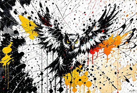 (Masterpiece, High Resolution, Ink Painting:1.2), (Dynamic splashes by Pollock:1.3), majestic owl, (wings outstretched:1.1), beady, piercing yellow eyes, [sharp beak:0.9], [feathers in shades of brown and white:0.9], perched on a branch, vibrant splashes of paint, [dripping and swirling:0.9], [colorful abstract background:0.8], [expressive brushstrokes:0.9], [dramatic contrast:0.9], [captivating composition:0.9], [fierce energy:0.9], dynamink, dyi