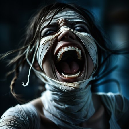 screaming mummy girl with open mouth and visible teeth, bandages, blue eye, professional photo, very detailed and dramatic, expressive cinematic, darkness, bokeh f1.2<lora:mummy:1>