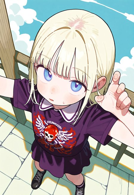 masterpiece, best quality, amazing quality, absurdres, newest, sfw,

1girl, solo, punk outfit,

(foreshortening, perspective, from above,):2, 