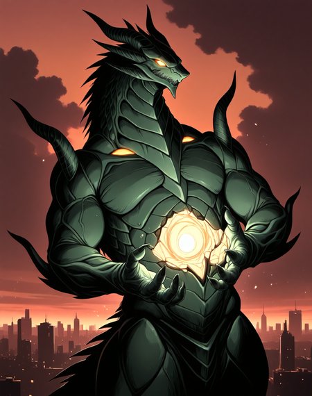 score_9, score_8_up, score_7_up,
8K, In'ei, chiaroscuro, cinematic side lighting, perfect depth of field shot, masterpiece, beautiful, sharp focus, crisp details,
<lora:Draglord_(Guyver)_(Illustrious)_(AD):1> Draglord, Guyver, dragon, 
exterior, science fiction, sky with anime clouds, summer, hot day, city skyline, 
dynamic action, bent leg, cowboy shot, 
green body, green skin, titanic, gigantic, kaiju, glowing eyes, 
BREAK Smooth Quality, IllusP0s, lazyhand, lazympos, lazynsfw,