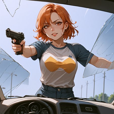 score_9, score_8_up, score_7_up, <lora:Hyper8:1> <lora:fixhands:0> source_anime, rating_safe BREAK 1girl, solo, looking at viewer, 
<lora:povagainstcar-guy-PONYv1:1> , povagainstcar, against glass, 
<lora:BreakingGlassXLPDCAME:0.7> IncrsXLBrknGls, broken glass, shattered glass
<lora:Royale_With_Cheese_Pony:0.75> rwc, holding gun,