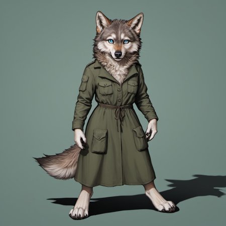 score_9, score_8_up, score_7_up, source_furry, detailed face, detailed eyes, incredible detail BREAK 1girl, solo, anthro, wide shot (furry female, wolf, light brown fur, monotone fur, light blue eyes,slightly wide hips, small breasts), black nose, whiskers, ear flop, solo, looking at viewer, telegramstickerxl, white outline, drop shadow, simple background, green background, full body, hunter outfit, archer outfit