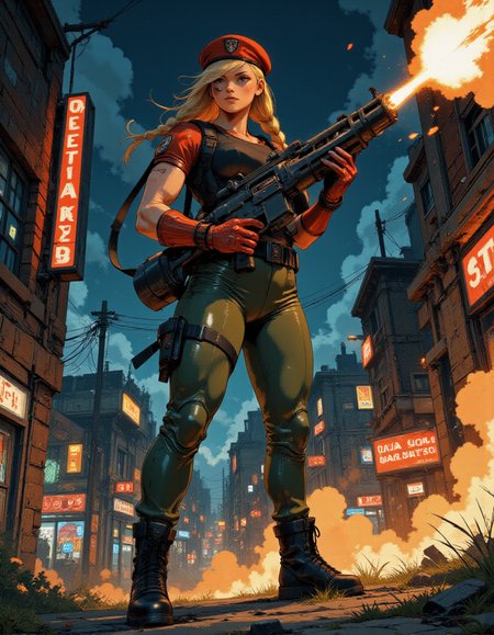 <lora:gc_vintage:1> vintage <lora:Fancha_style_v.5:1> Fancha style <lora:Anime v1.3:1> <lora:Street_Fighter_-_Cammy_White:1> SF-Cammy  <lora:M134_Minigun_From_The_Hip_Flux:1>