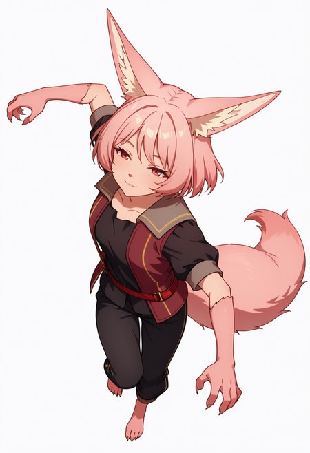 Smooth Quality,masterpiece,very intricate, high quality details, ultra realistic, high detailed skin,detailed enviorement,absurdres,
simple background, white background, dancing, solo,from above,
 <lora:Til_CNR:0.8> til_cnr, 1girl,pink hair, short hair, bangs, red eyes, animal ears, fox ears, animal ear fluff, fox tail, furry female, animal hands, claws, black shirt,open jacket,puffy short sleeves,black pants, belt,barefoot,, naughty face,, ^q^,