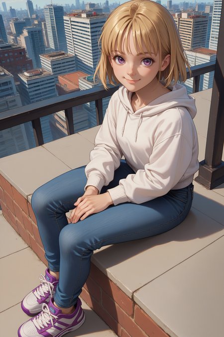 score_9, score_8_up, score_7_up, score_6_up, source_anime, 1girl, solo <lora:yselena-pdxl-nvwls-v1-000005:1> ysElena, blonde hair, medium hair, purple eyes, white hoodie, smile, looking at you, jeans, from above, sneakers, sitting, city, closed mouth