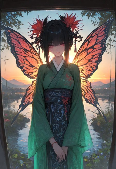 masterpiece, best quality, Good quality, very aesthetic, absurdres, newest,1girl, light rays, looking at viewer, solo, 
Cinematic Lighting, gradient color,
BREAK
masterpiece, amazing quality, best quality, ultra-detailed, 8K, illustration, CG, ultra-detailed-eyes, detailed background, eyelashes, erotic, looking seductive, coy. dynamic action image, detailed face, detailed eyes, direct mesmerizing gaze, shiny texture,
BREAK
raytracing, volumetric lighting, ambient occlusion, girl, background, masterpiece, best quality, very awa, absurdres, by ratata47,
BREAK
Fairy, butterfly wings, (inside agiant flower)
BREAK
(aodai, aodai, (vietnamese traditional costume,)), elegant, flower, sunset, lens flare, (Vietnam clothes, Vietnam style), river, reflection,