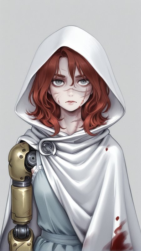 1girl, solo, looking_at_viewer, simple_background, dress, closed_mouth, upper_body, red_hair, medium_hair, cape, grey_eyes, blood, scar, cloak, scar_on_face, mechanical_arms, prosthesis, amputee, prosthetic_arm, white_cloak