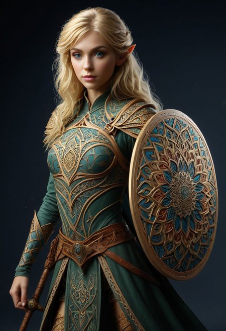1girl, female elvish warrior, blonde hair,  Low/medium/highly stylized pattern, holding a large shield with 3d mandala pattern