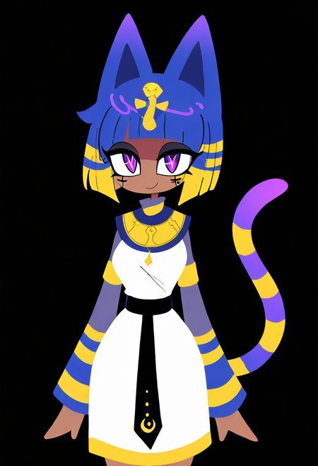 masterpiece, best quality, medium breasts, (curvy),   BREAK,  zzAnkha, animal crossing, animal ears, armlet, bare shoulders, belt, blonde hair, blue hair, blunt bangs, blunt ends, bob cut, cat ears, cat girl, cat tail, cropped, daniel deng, dark skin, dress, eye of horus, eyelashes, eyes visible through hair, facial tattoo, humanization, purple eyes, shiny skin, short hair, slit pupils, tattoo, usekh collar, white dress, <lora:AnkhaNAI:1.0>,smile, looking at viewer, cowboy shot,   <lora:ToonCAT_NAI:1.0>,