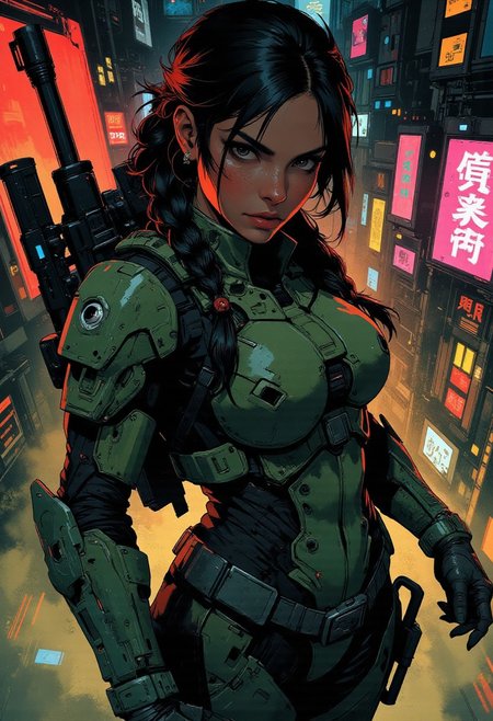 magnificent, closeup portrait, female bounty hunter, braided black hair, futuristic armor, halo spartan, spartan armor, sexy, curvy, large breasts, large ass, a rifle strapped to her back, holstered pistol, Cyberpunk City, Neon Lights, cracking knuckles, hands together, fists, holding own fist, 
looking at viewer, solo, 
Cowboy Shot, close up, from above,