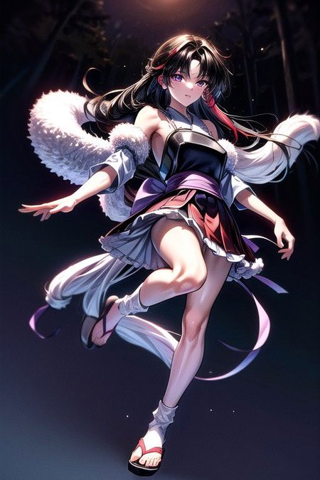 masterpiece,  best quality 1girl Setsun4 solo long hair,  (night time) forest background black hair very long hair purple eyes multicolored hair armor (fur trim) (medium body),<lora:EMS-179-EMS:0.800000>,<lora:EMS-293862-EMS:0.800000>ascot, bare shoulders, black footwear, detached sleeves, embellished costume, frills, japanese clothes, nontraditional miko, red skirt, sandals, sarashi, skirt, socks, armor, miko