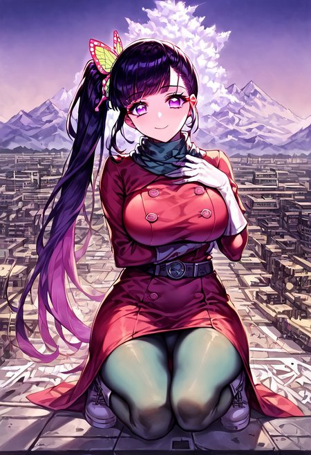 gorgeous lips, cinematic, (masterpiece), (best quality), (ultra-detailed), very aesthetic, perfect composition, intricate details, absurdres, detailed face, (anime, masterpiece, intricate:1.3), (best quality, hires textures, high detail:1.2), score_9, score_8_up, score_7_up, source_anime, 1girl, kanao tsuyuri, black hair, pink highlights, butterfly, butterfly hair ornament, purple eyes, long hair, side ponytail, ponytail, eyelashes, hair ornament, scarf, dress, red dress, long sleeves, buttons, gloves, white gloves, belt, pantyhose, green pantyhose, laced heel boots, white footwear, skirt, flower patterns, alternate_costume, enormous breasts, facial expression, kind, soft eyes, head tilt, slightly smiling, closed mouth, hand on breasts, goddess, building size, giantess, growing even bigger, sitting on the city floor, hugging knees, gradient eyes, beautiful detailed eyes, city background, mountain landscape, city, mountain, building, skyscrapers, in the middle of the city, (masterpiece:1.4), (best quality:1.4), (ultra-detailed:1.2), gl0w, glow,