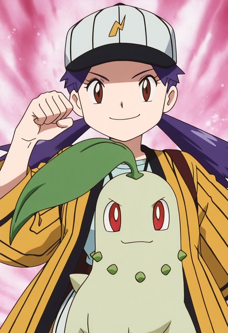 masterpiece, best quality, solo, curvy, beautiful eyes, aged up, large breasts, (upper body), 1girl, solo, smile, looking at viewer, zzCasey, brown eyes, blue hair, twintails,   baseball cap, yellow jacket, open jacket, stripes, wide sleeves, holding chikorita, <lora:ChikoritaPokedex_IXL:1.0>,  <lora:CaseyBaseballBeauty_IXL:1.0>,   from above, dynamic pose, cowboy shot, smile, looking at viewer, shiny skin,